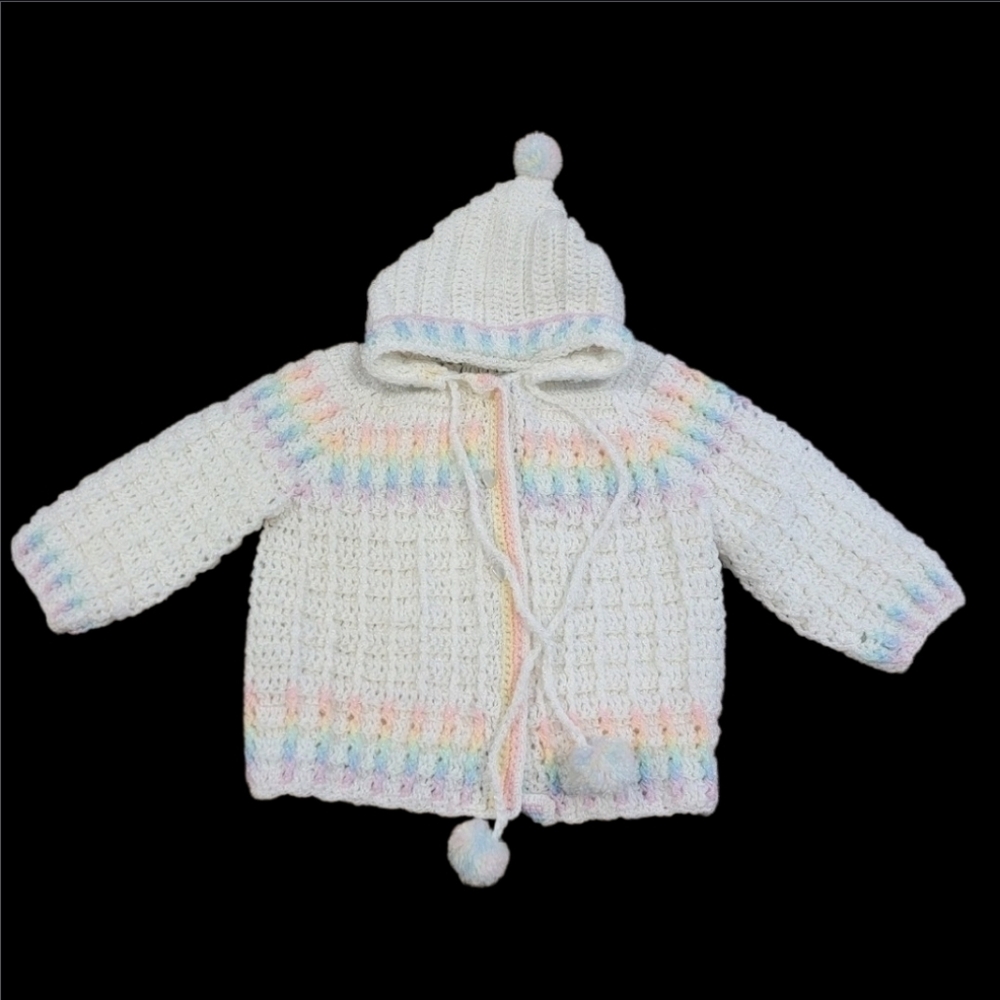 Handmade Crochet Baby Hooded Cardigan Sweater White Rainbow 12 Month Pom Pom Tie